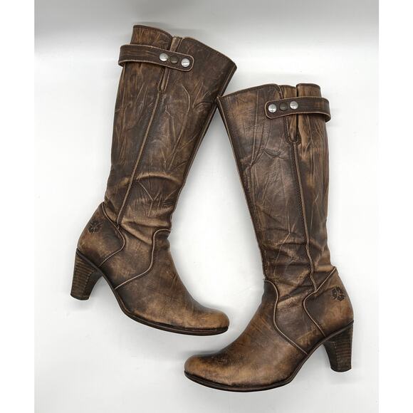 U ROADS Heeled Boots Womens 8 Brown Distressed Leather Knee High Round Toe - Picture 6 of 16